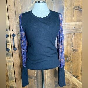 Veronica Beard Black Ribbed Merino Wool Silk Sleeves Sweater Size L